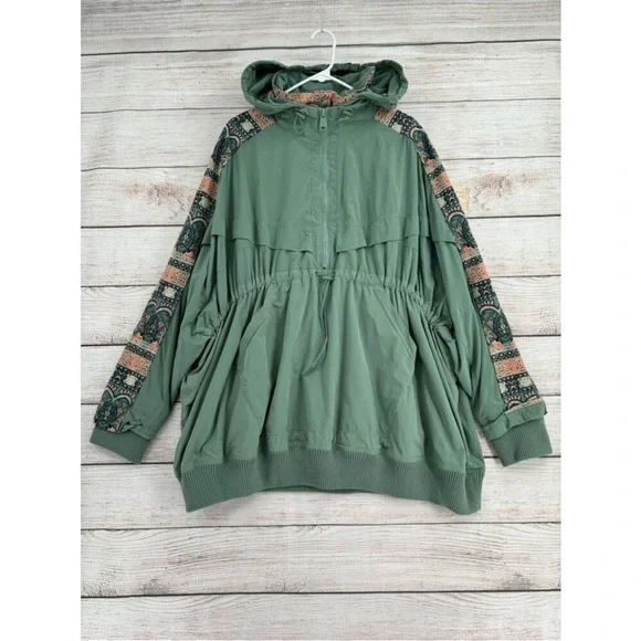 Free People Movement She Fly Jacket Size M Hooded Embroidered Green Oversized